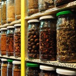 Rows of jarred herbs, spices, and foods